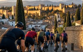 Un grupo de ciclistas sube una calle empedrada entre cipreses con la fortaleza de la Alhambra recortada sobre los tejados al atardecer