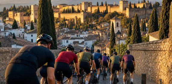 Un grupo de ciclistas sube una calle empedrada entre cipreses con la fortaleza de la Alhambra recortada sobre los tejados al atardecer