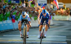 Remco Evenepoel 1st and Giulio Ciccone 2nd, photo finish at 2026 European Cycling Championships Men's Road Race, Sencur, Slovenia,