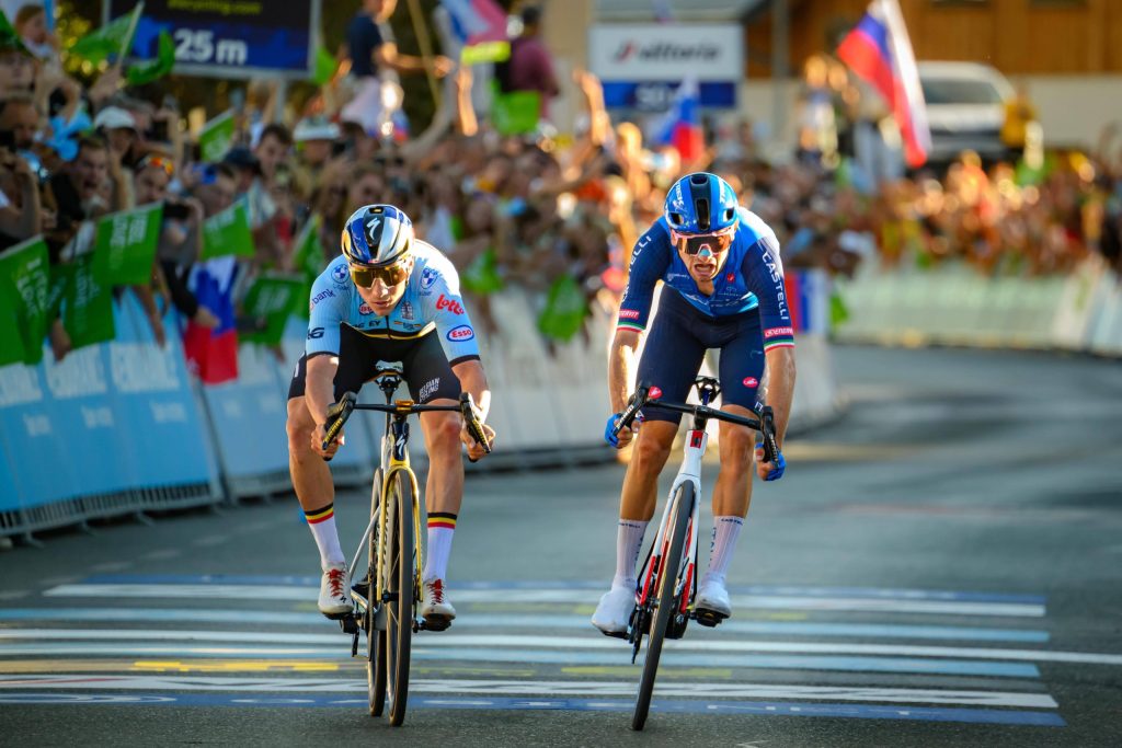 Remco Evenepoel 1st and Giulio Ciccone 2nd, photo finish at 2026 European Cycling Championships Men's Road Race, Sencur, Slovenia,