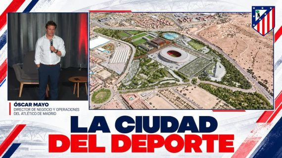 Óscar Mayo, Director General Negocio y Operaciones del Atlético de Madrid, durante la presentación del proyecto de La Ciudad del Deporte del conjunto colchonero en las inmediaciones del Estadio Metropolitano.