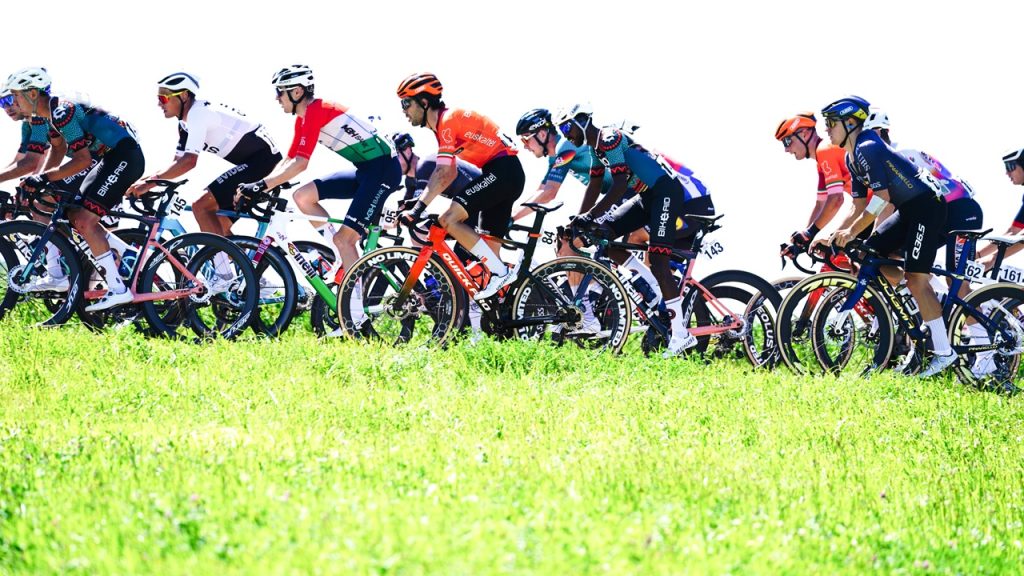 Un pelotón de ciclistas de varios equipos profesionales durante el GP de Gippingen 2026, que se celebra en Suiza.